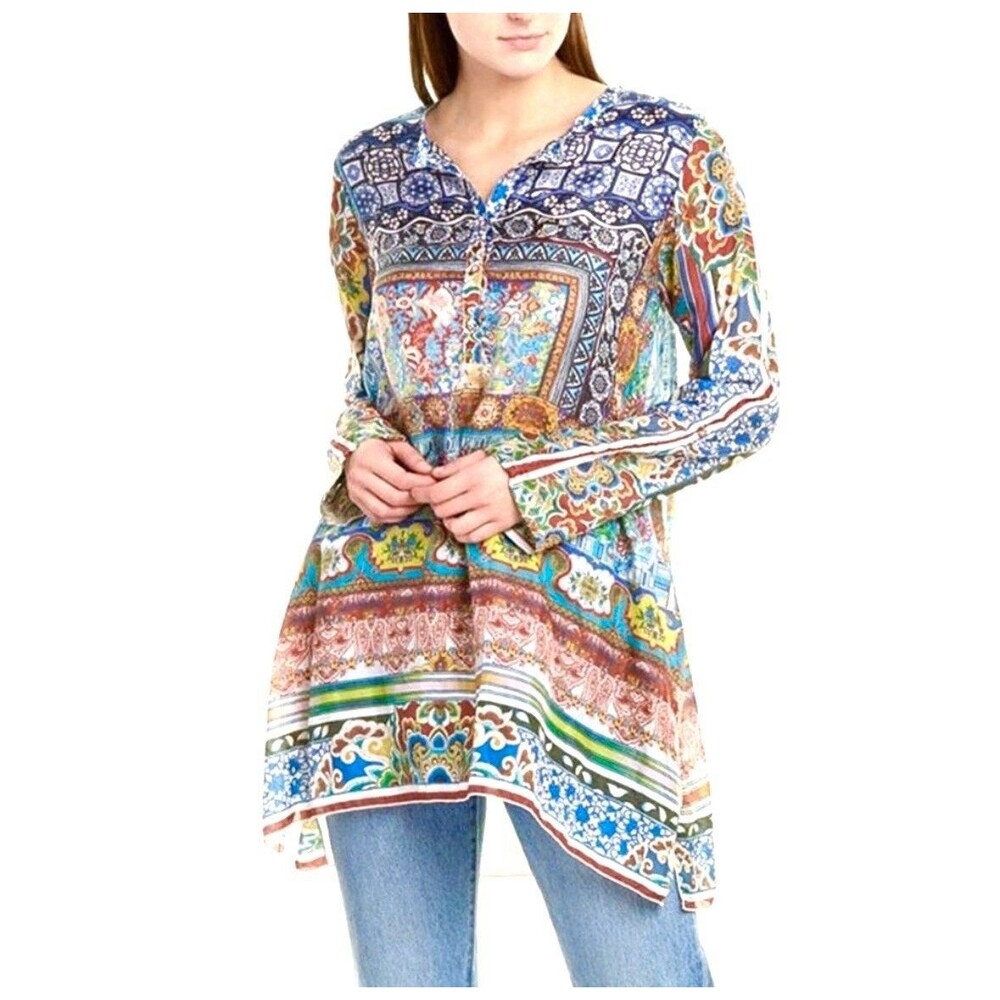 Johnny Was Silk Floral Paisley Tunic Top Women's Medium Multicolor Boho